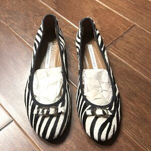 NWT Diane Von Furstenberg DVF Bion Zebra Calf Hair ballet Flats black white size